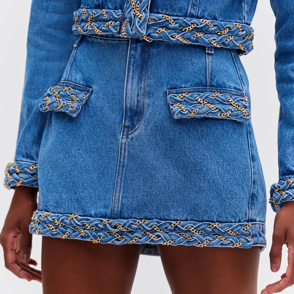 NWOT PatBO Braided Denim Mini Skirt with Gold Chain Accents size 8 - Picture 3 of 8